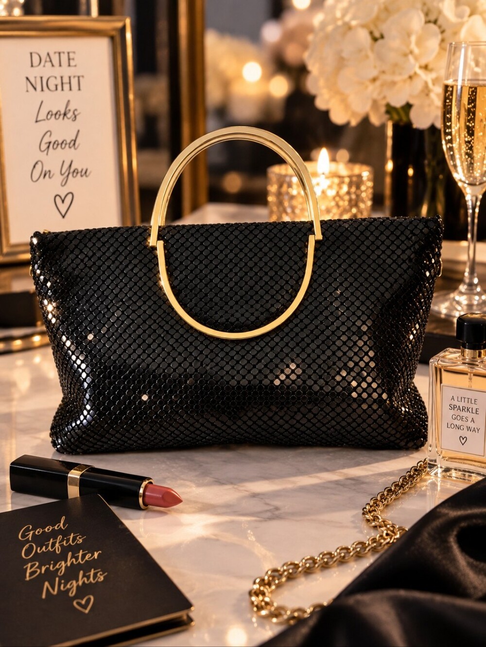 Black Metal Mesh Evening Bag Gold Ring Handle Chainmail Clutch Purse